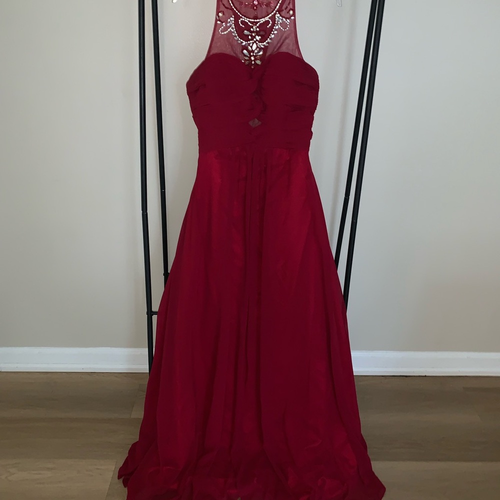 Red Sleeveless Halter Prom Gown